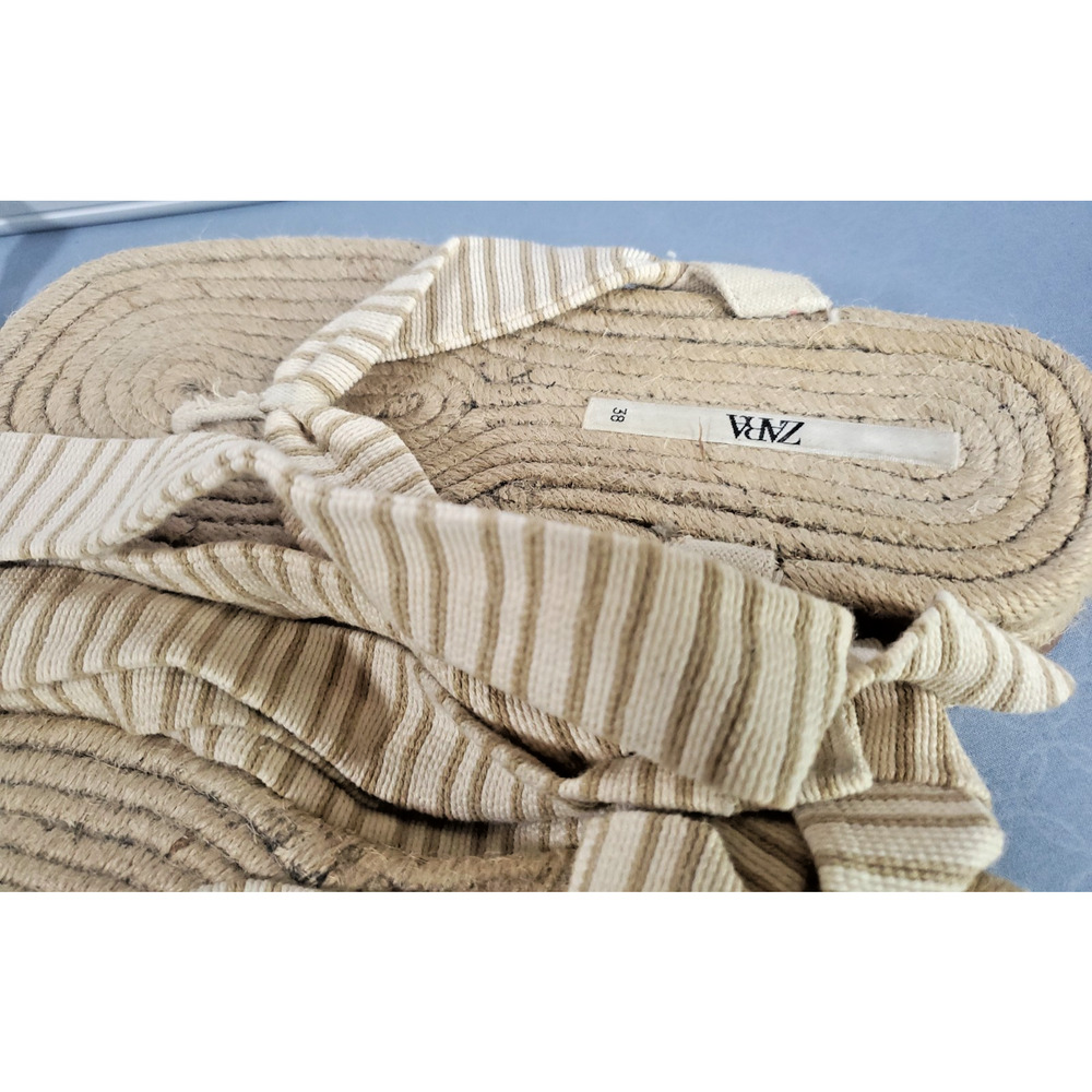 ZARA Striped Espadrille Sandals Women Size 7.5 Lace Up Ankle Tie Flat Jute Boho - Picture 5 of 14